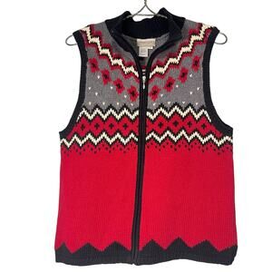 Coldwater Creek Sweater Vest Size Large Navajo Design Black Red Gray Zip Front